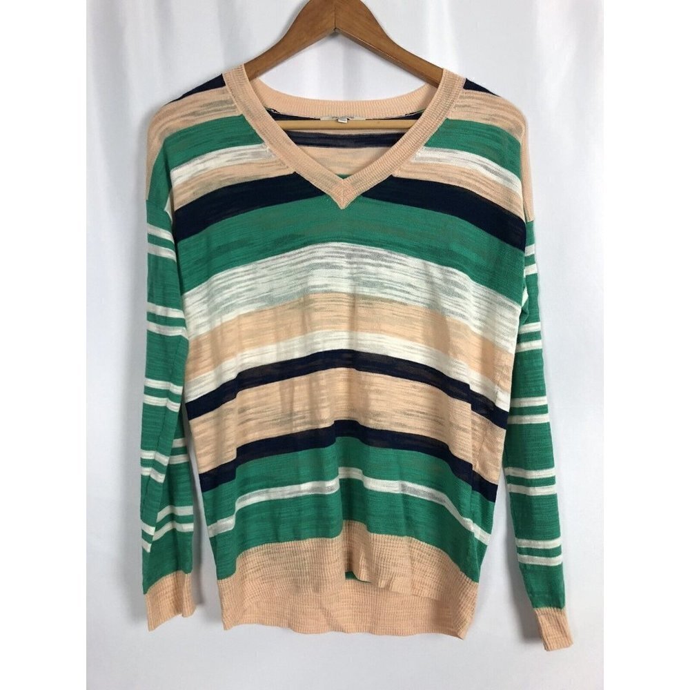 Madewell Burnout Stripe Lightweight Sweater Teal and‎ Peach XS V Neck